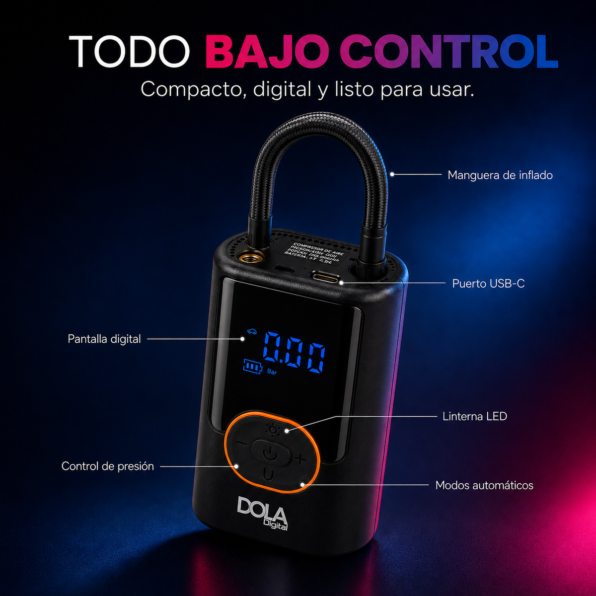 Compresor de Aire Inalámbrico para Autos, Bicicletas, Motos, Pelotas + Powerbank Dini®